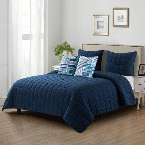 Mainstays Jersey Polyester Reversible Quilt Set, Full/Queen, Blue Cove, 5-Pieces